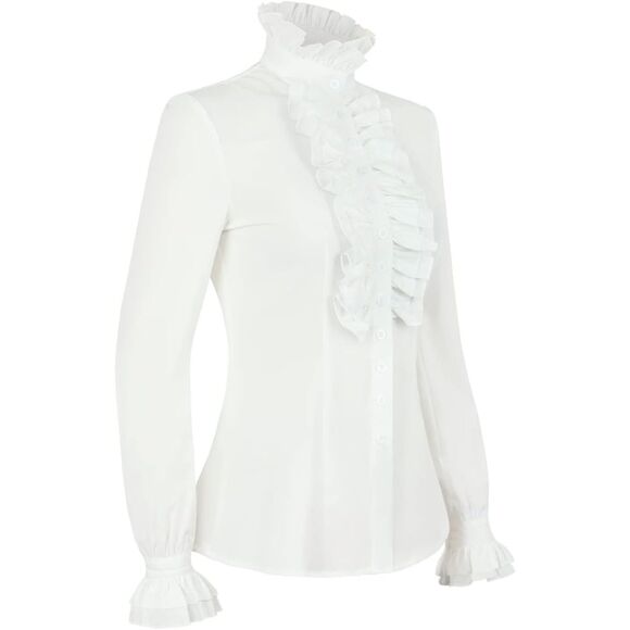 Victorian Gothic Shirt Vintage Ruffle Long Sleeve Blouse Tops XL White - Picture 4 of 5